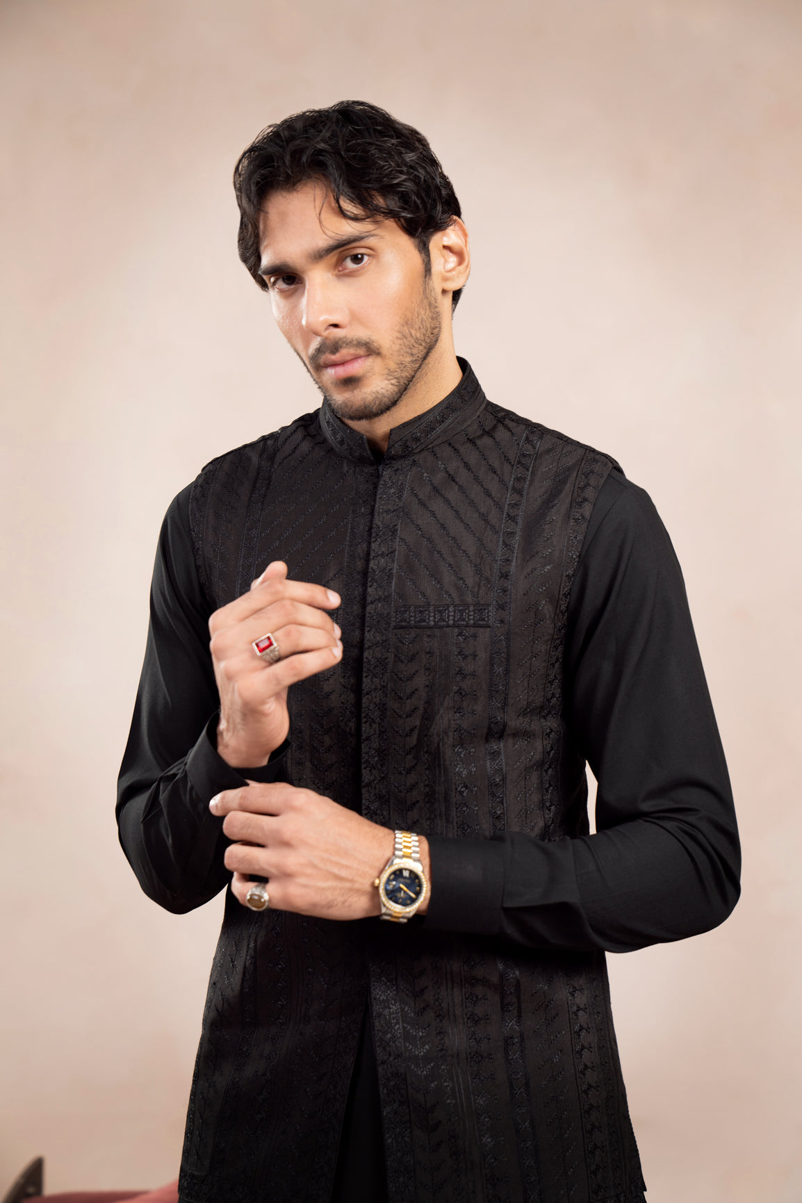 Black Embroidered Raw Silk Waistcoat (3-Piece) - Image 5