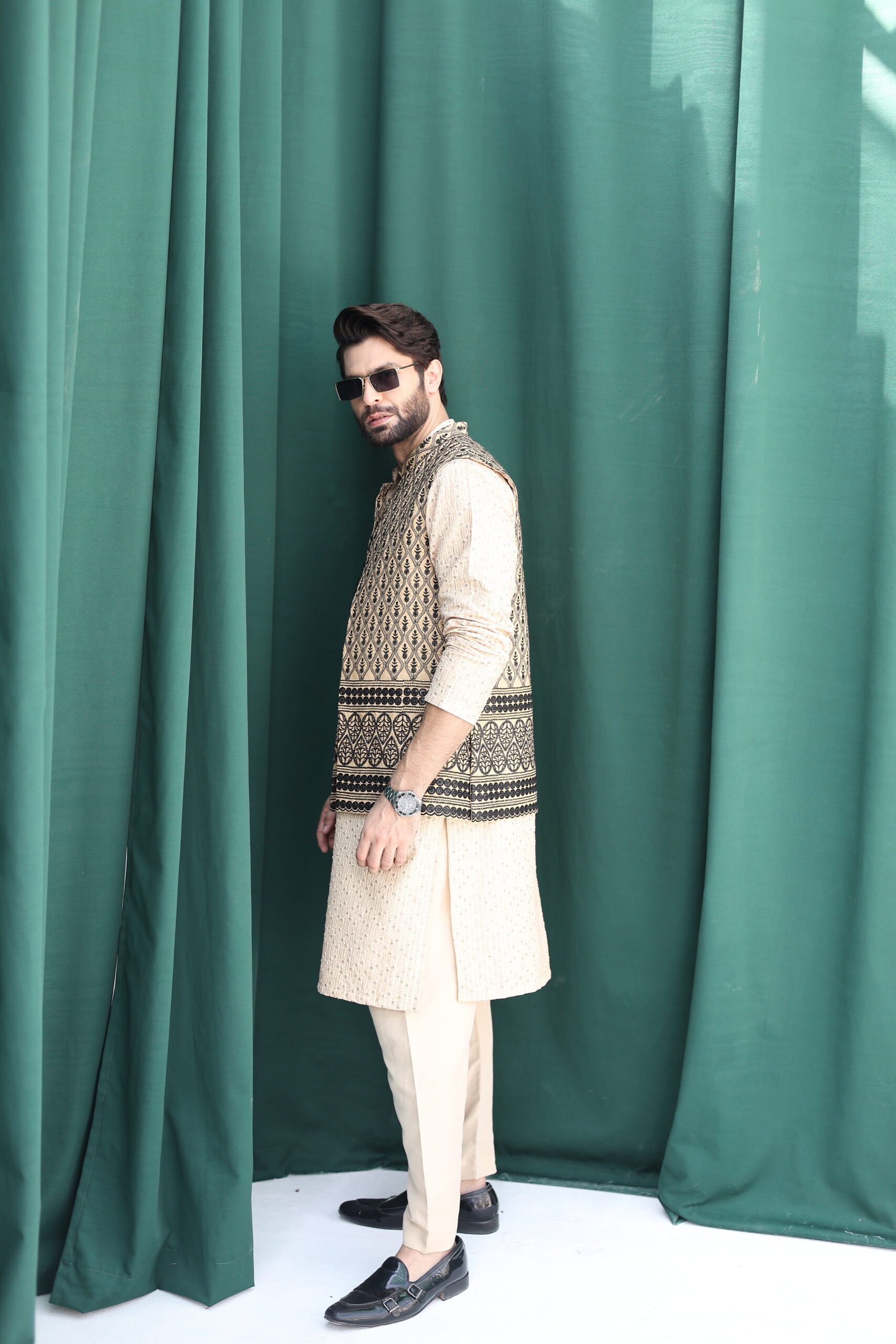 Black Woven Raw Silk Waistcoat Kurta (3-Piece) - Image 2