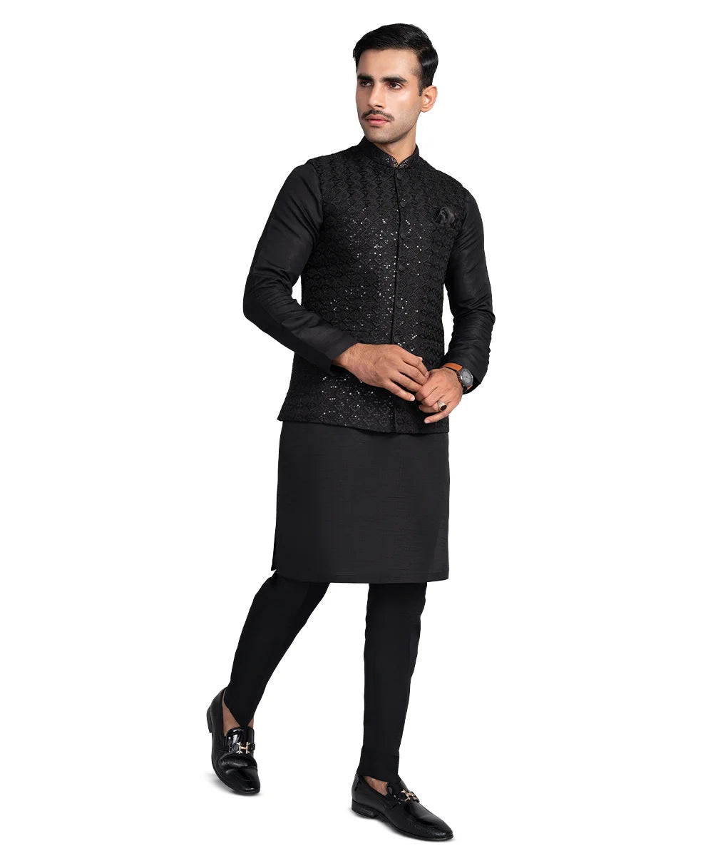 Black Embroidered Masoori Waistcoat Raw Silk Kurta (3-Piece) - Image 1