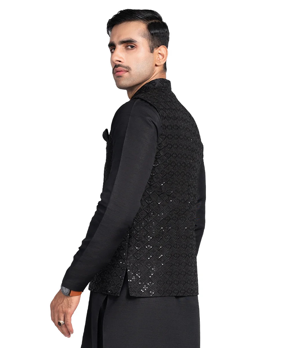 Black Embroidered Masoori Waistcoat Raw Silk Kurta (3-Piece) - Image 2