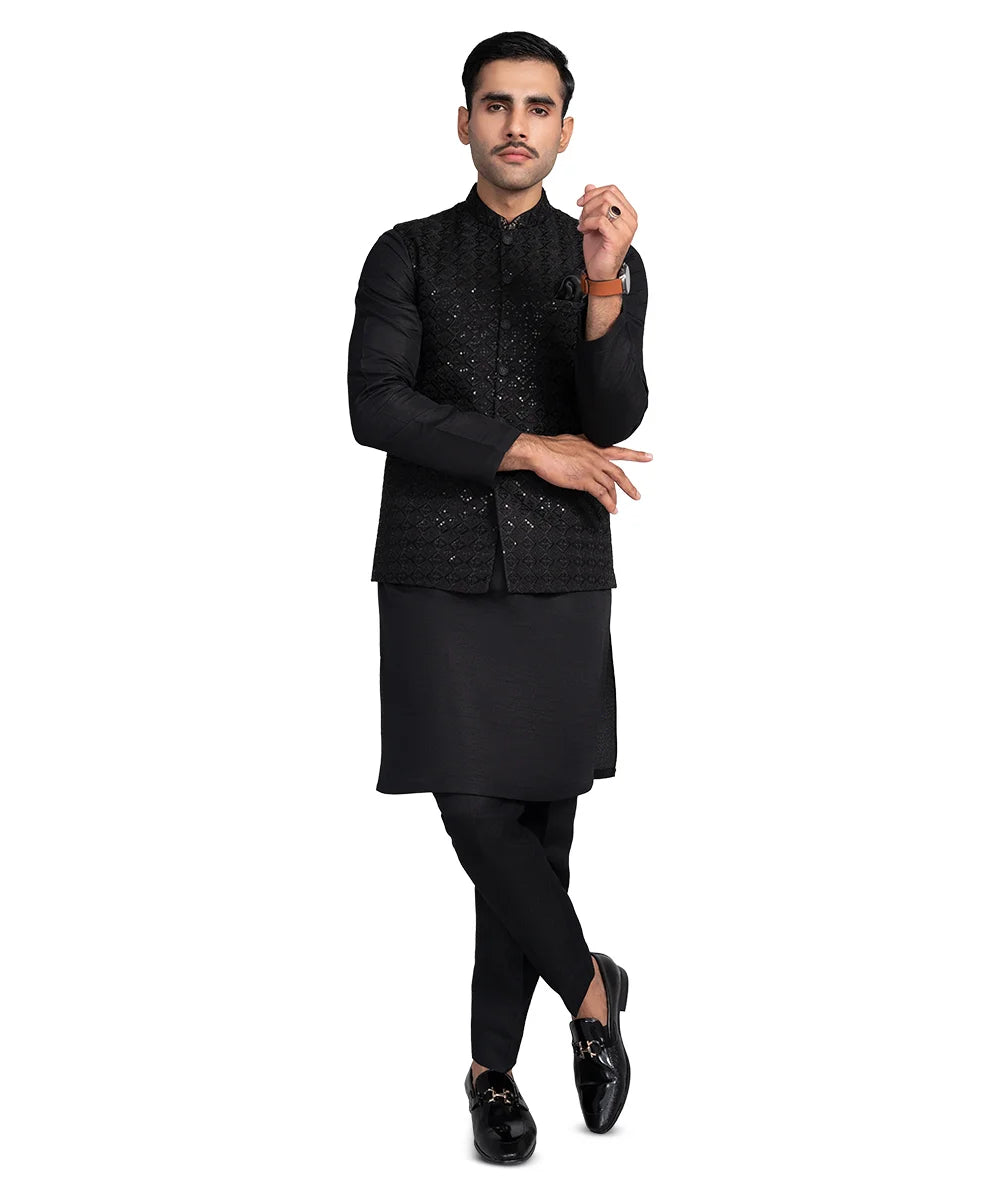 Black Embroidered Masoori Waistcoat Raw Silk Kurta (3-Piece) - Image 3