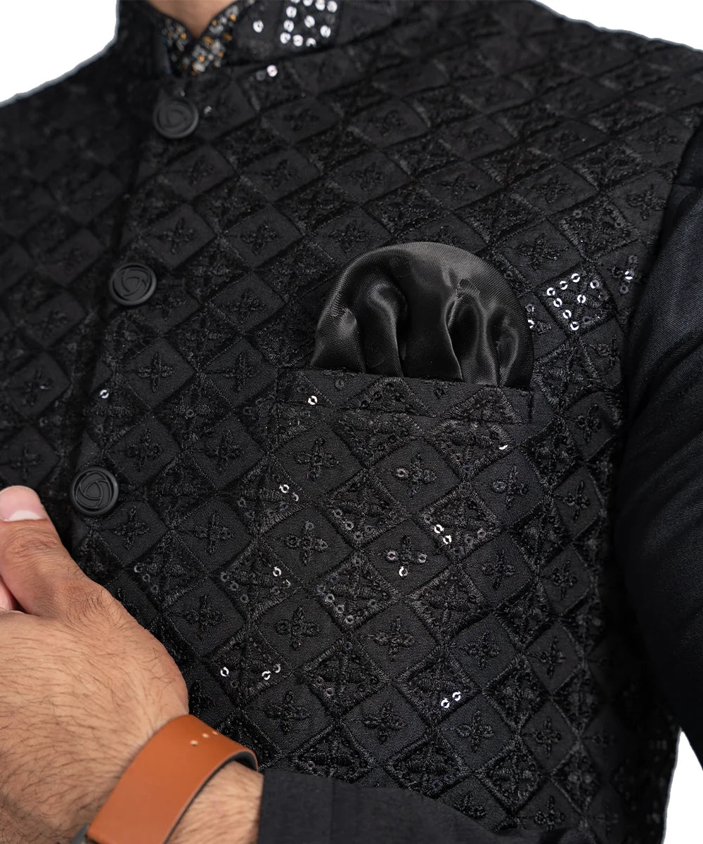 Black Embroidered Masoori Waistcoat Raw Silk Kurta (3-Piece) - Image 4
