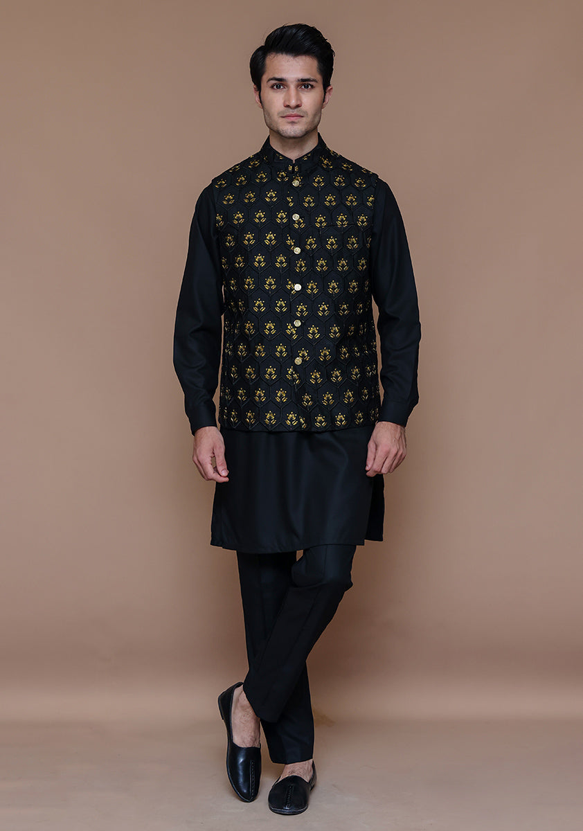 Black Gold Motif Raw Silk Waistcoat Kurta (3-Piece) - Image 1