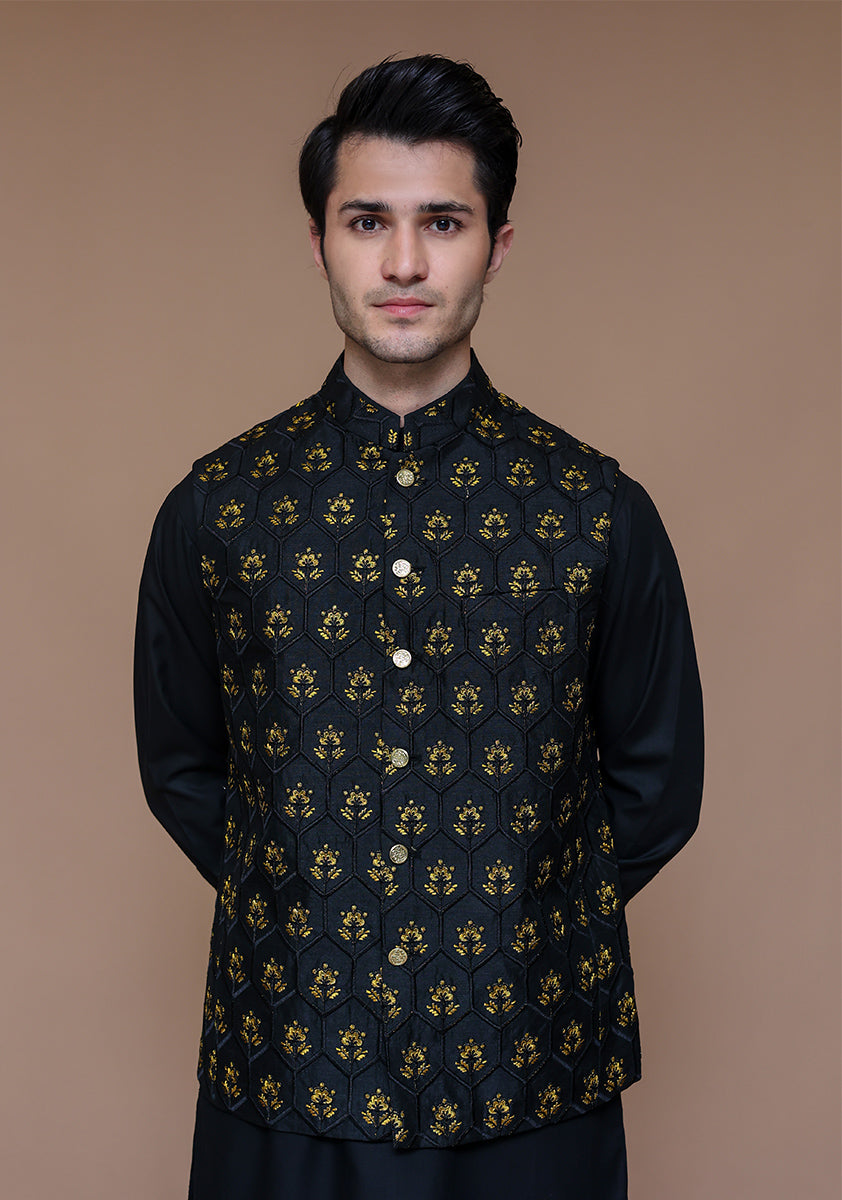 Black Gold Motif Raw Silk Waistcoat Kurta (3-Piece) - Image 2