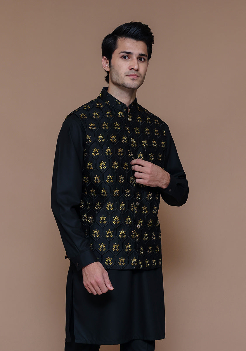 Black Gold Motif Raw Silk Waistcoat Kurta (3-Piece) - Image 3