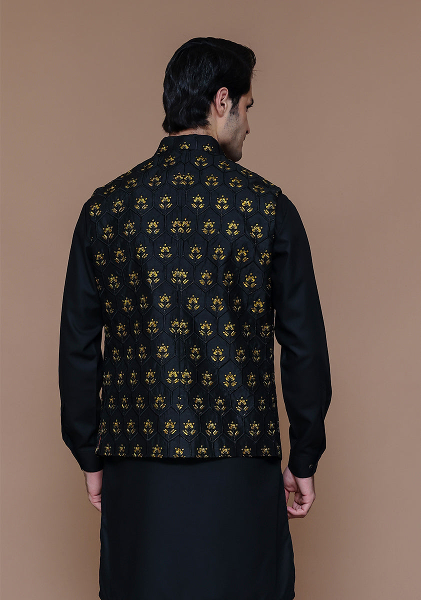 Black Gold Motif Raw Silk Waistcoat Kurta (3-Piece) - Image 4
