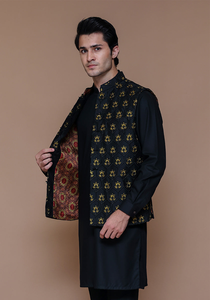 Black Gold Motif Raw Silk Waistcoat Kurta (3-Piece) - Image 5