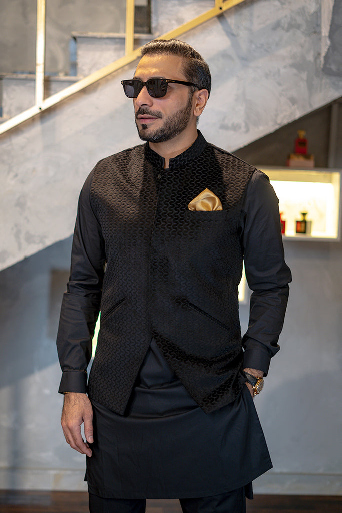 Black Self-Embossed Waistcoat Kurta Set (3-Piece) - Image 1