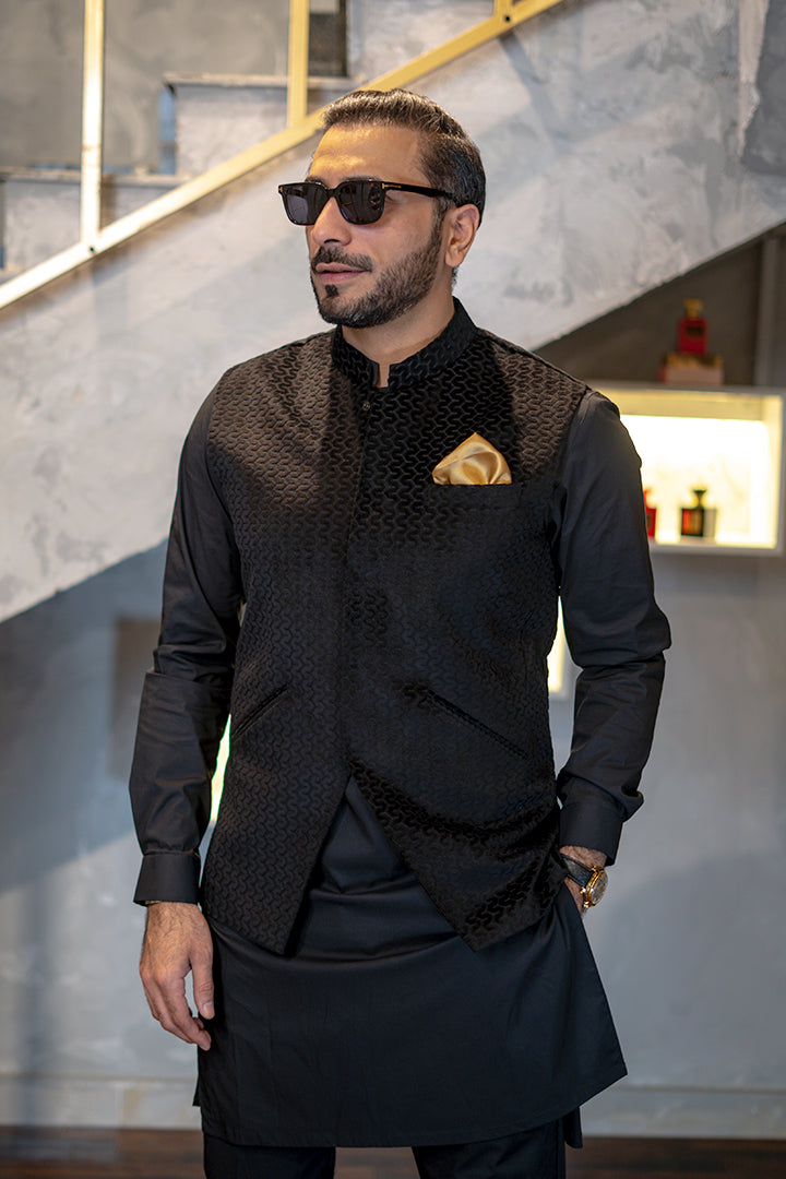 Black Self-Embossed Waistcoat Kurta Set (3-Piece) - Image 2