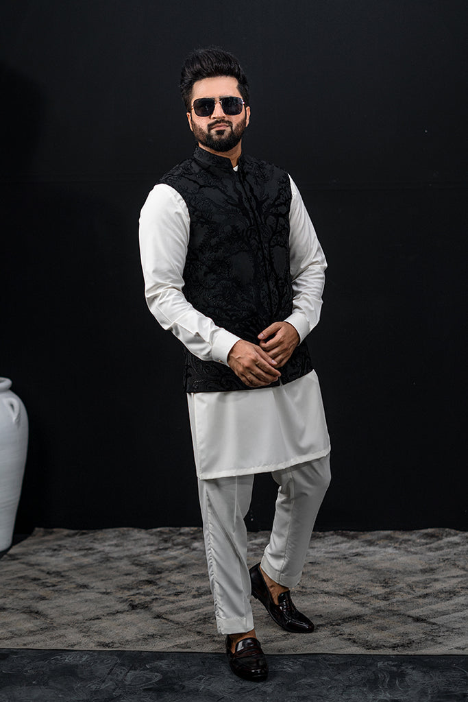 Black Self-Embossed Waistcoat Kurta (3-Piece) - Image 1