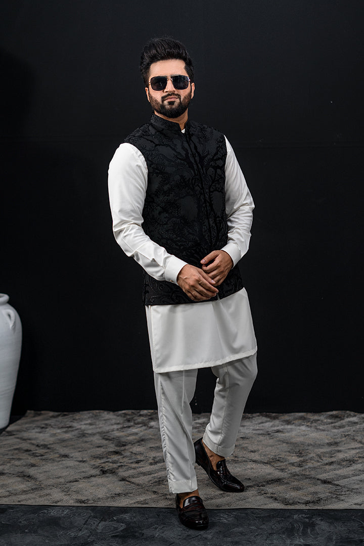 Black Self-Embossed Waistcoat Kurta (3-Piece) - Image 2