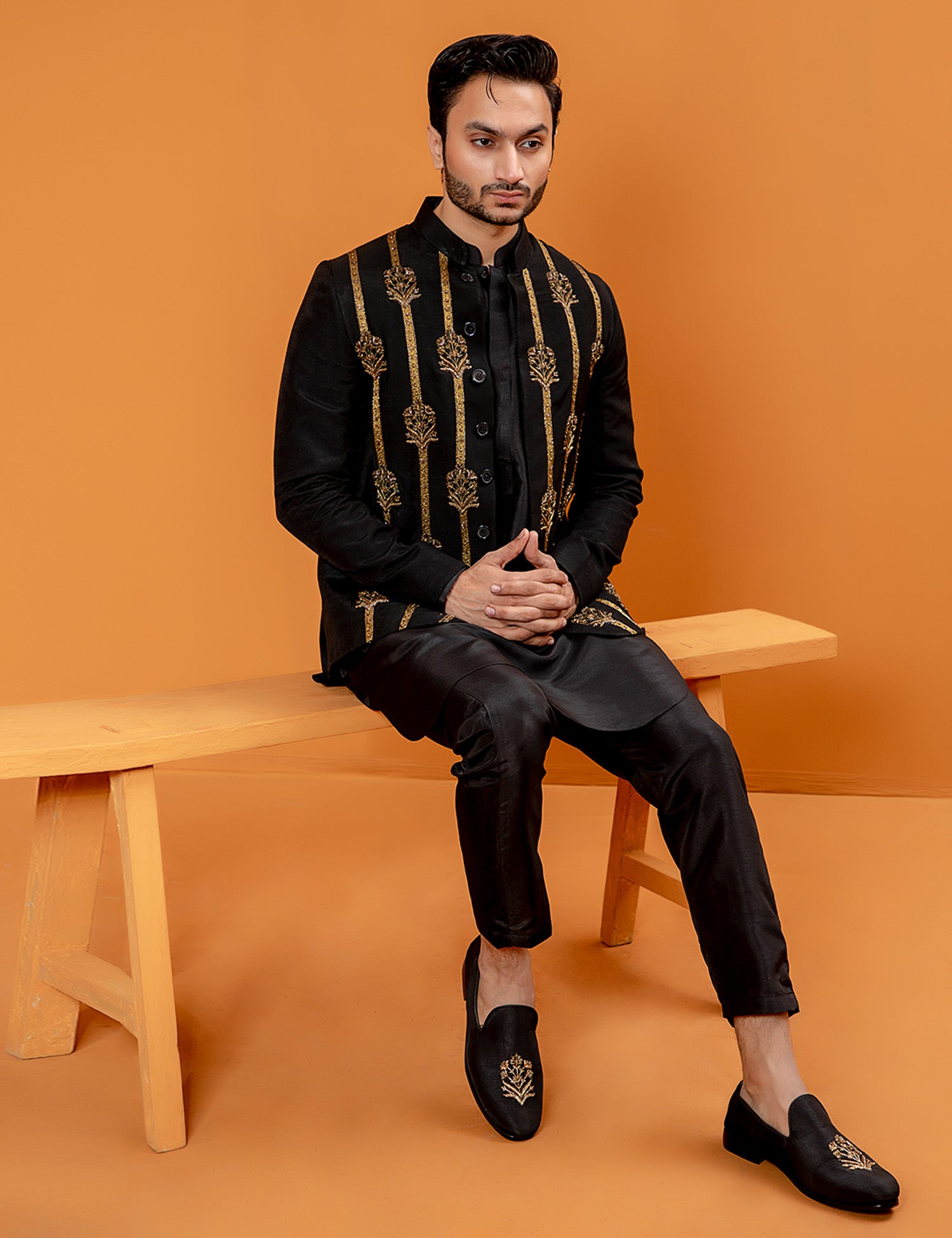Black Adda Work Silk Waistcoat Kurta Set (3-Piece) - Image 3