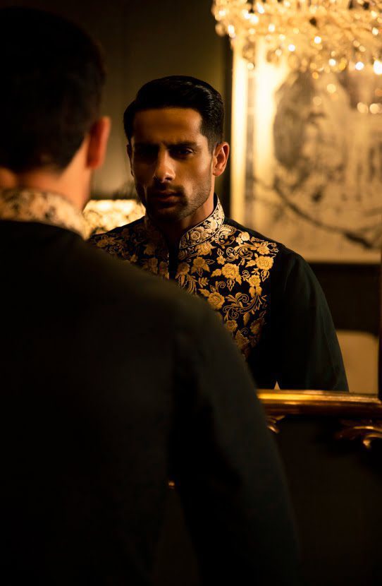 Black Embroidered Silk-Blend Waistcoat Kurta (3-Piece) - Image 4