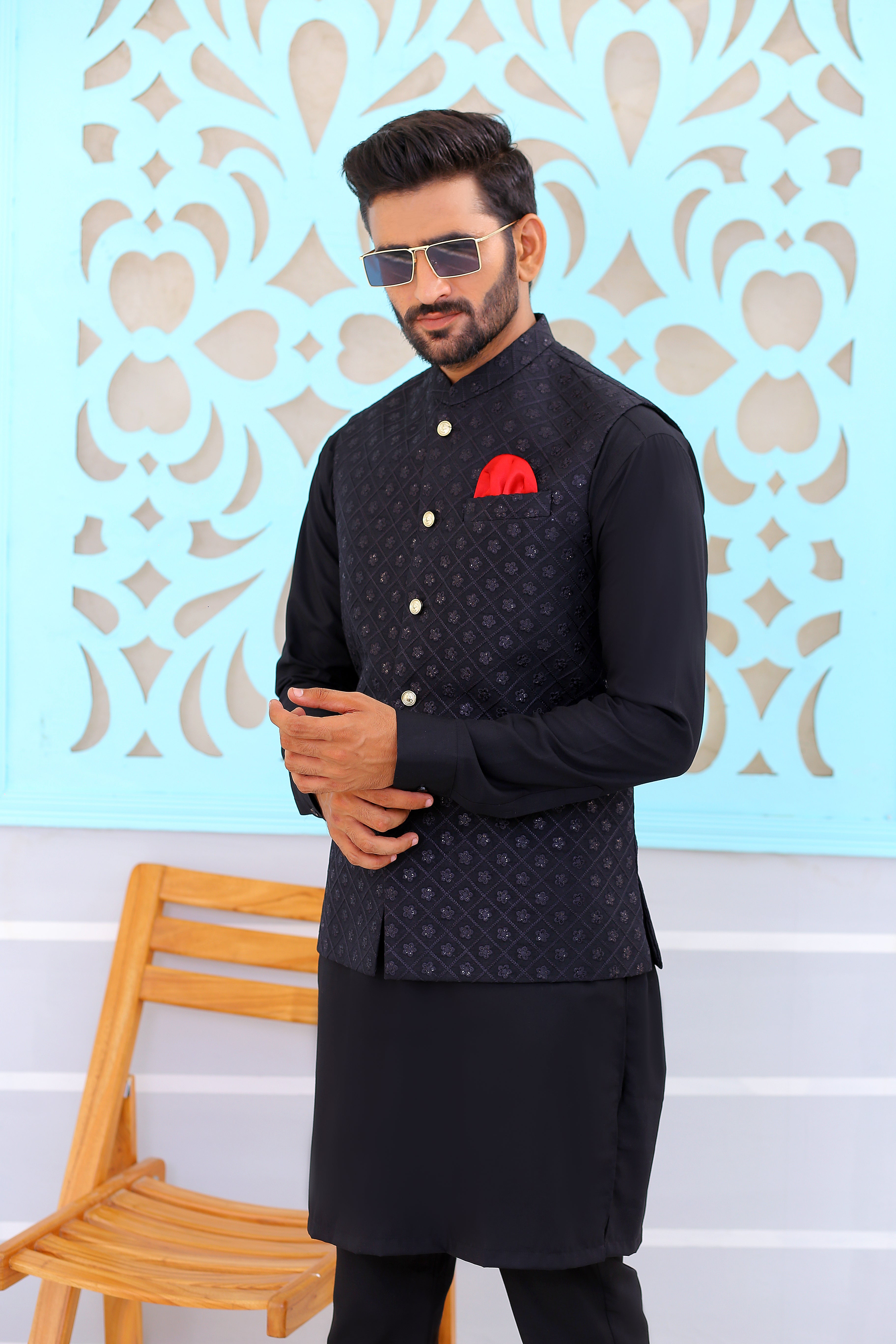 Black Embroidered Poly-Viscose Waistcoat (3-Piece) - Image 1