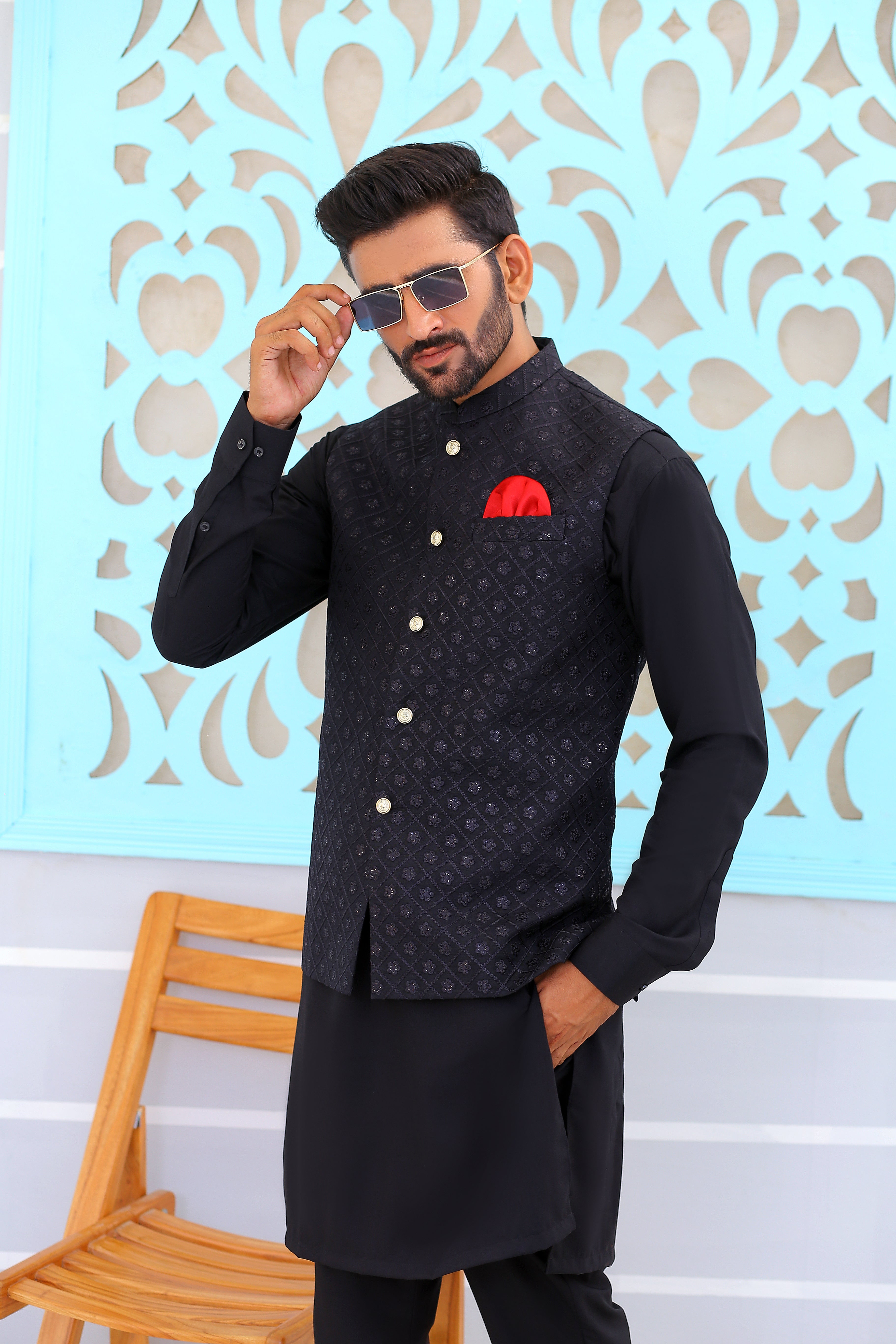 Black Embroidered Poly-Viscose Waistcoat (3-Piece) - Image 2