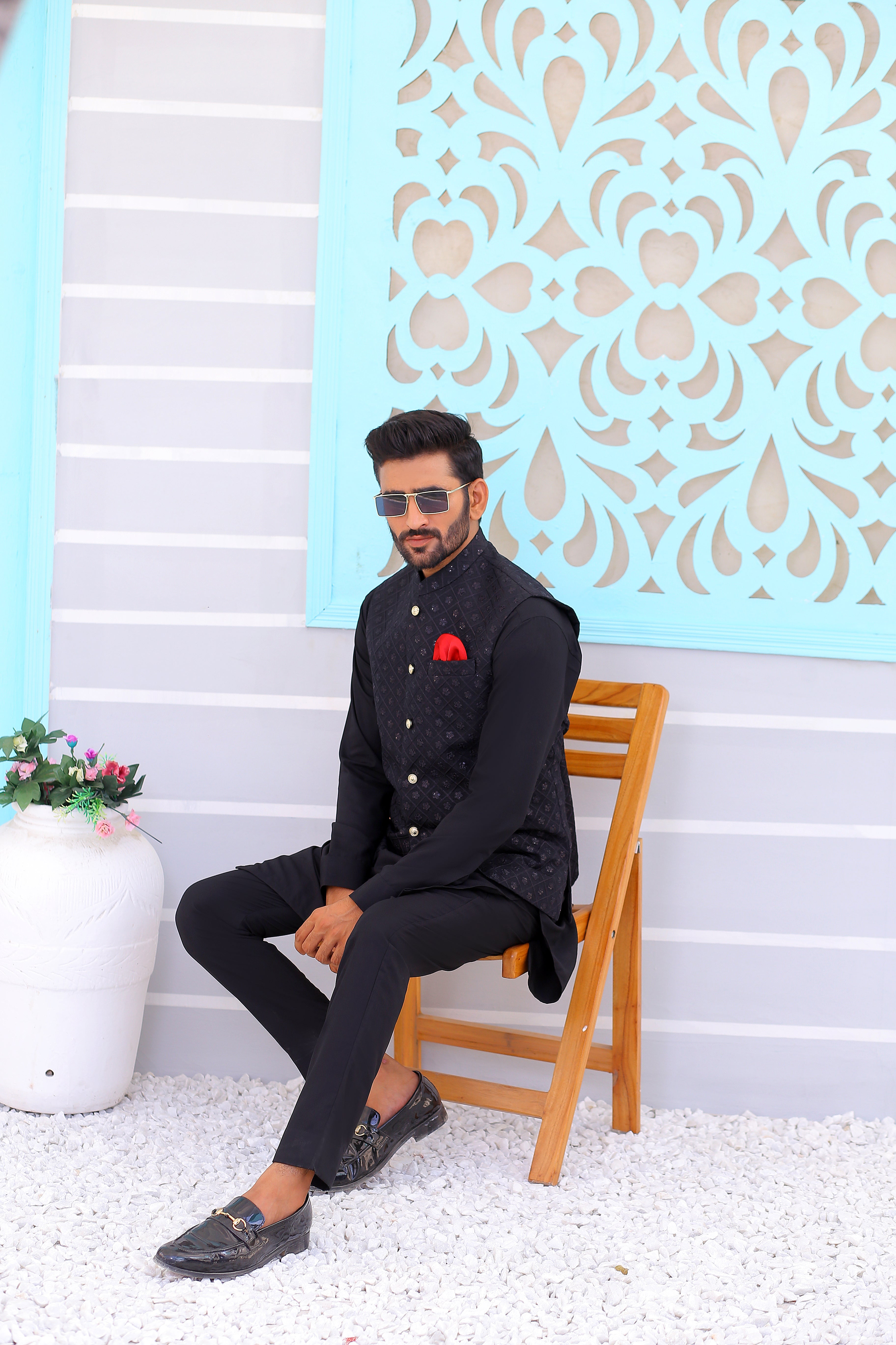 Black Embroidered Poly-Viscose Waistcoat (3-Piece) - Image 4