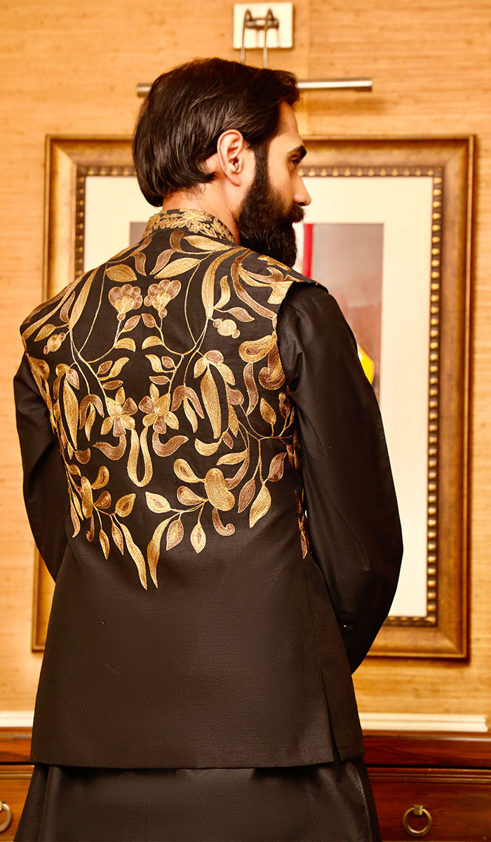 Black Gold Thread Embroidered Silk-Blend Waistcoat Kurta (3-Piece) - Image 2