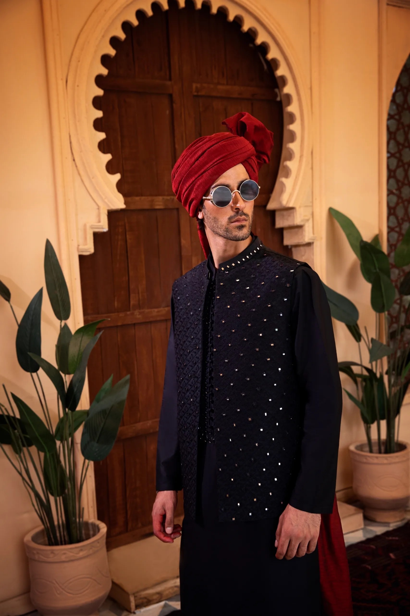 Black Mirrorwork Silk-Blend Waistcoat (3-Piece) - Image 1