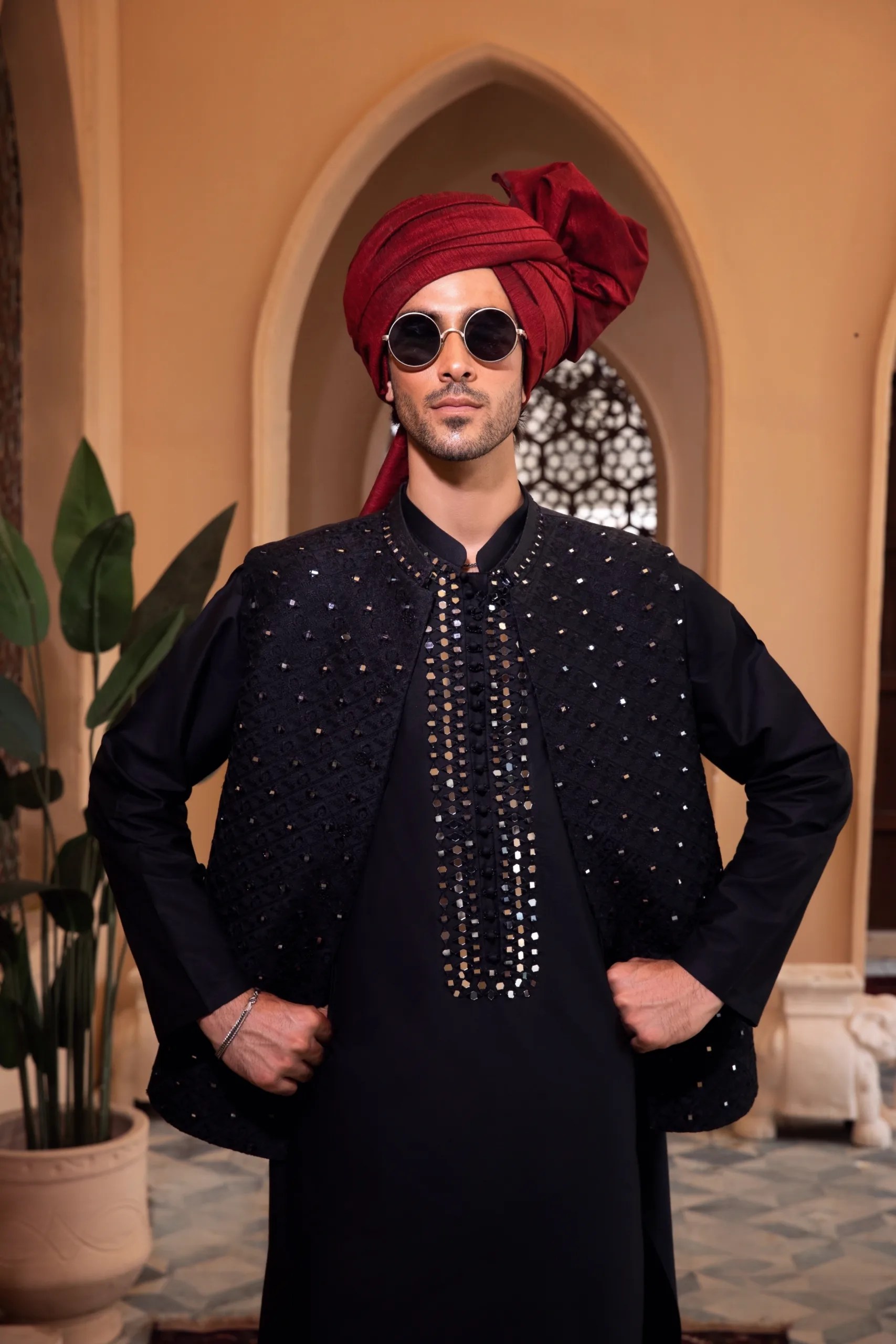 Black Mirrorwork Silk-Blend Waistcoat (3-Piece) - Image 2