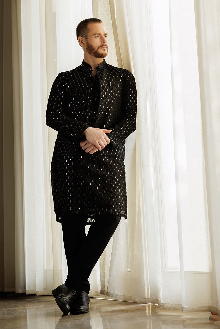 Black Sequin Embroidered Silk-Blend Kurta Pyjama (3-Piece) - Image 1