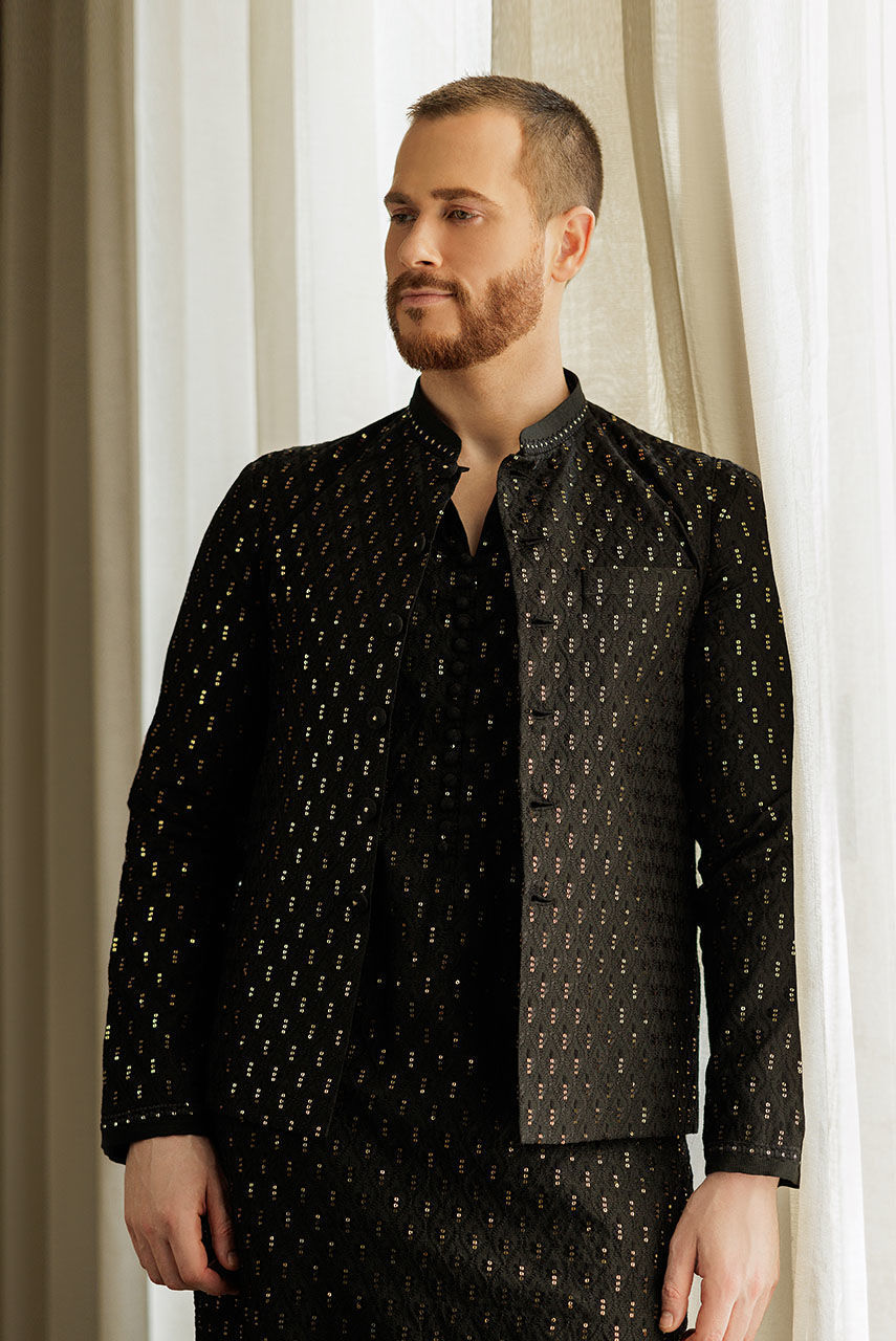 Black Sequin Embroidered Silk-Blend Kurta Pyjama (3-Piece) - Image 2