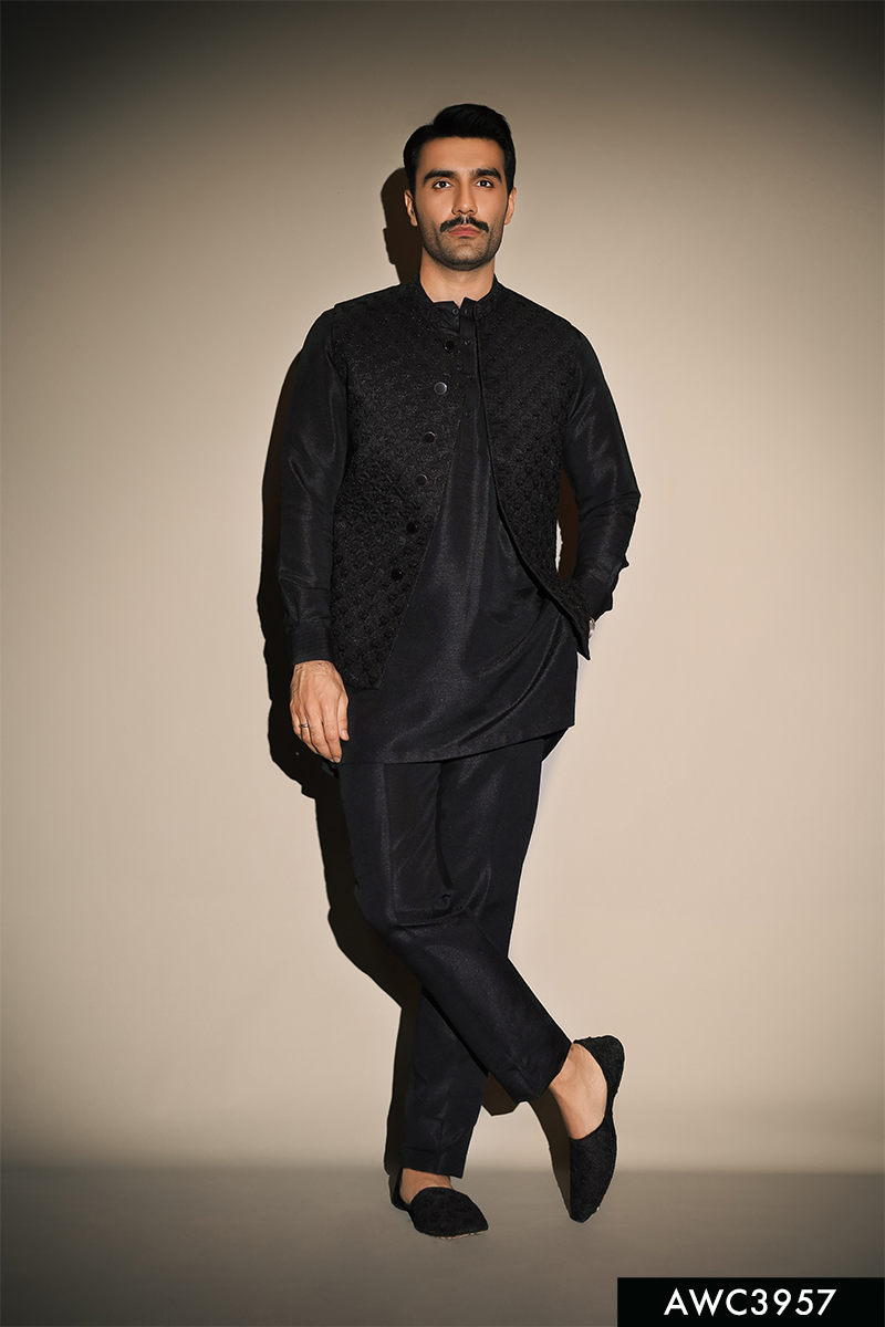 Black Jacquard Embroidered Awami Waistcoat (3-Piece) - Image 1