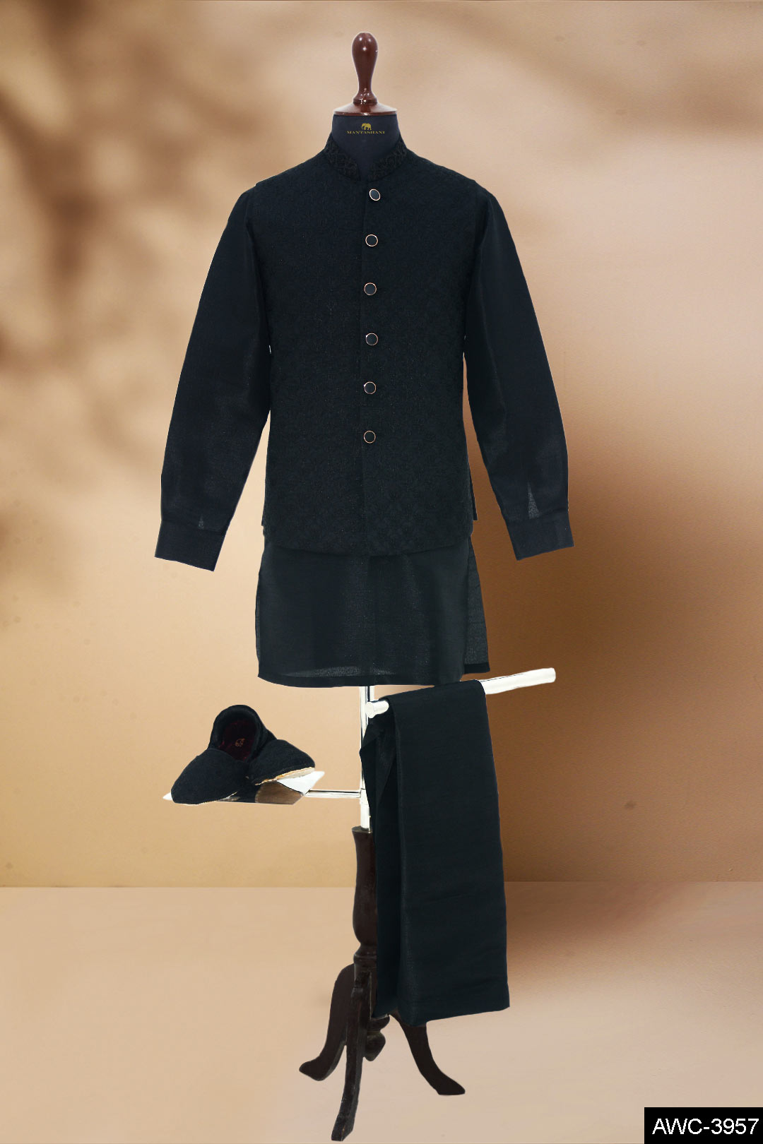 Black Jacquard Embroidered Awami Waistcoat (3-Piece) - Image 10