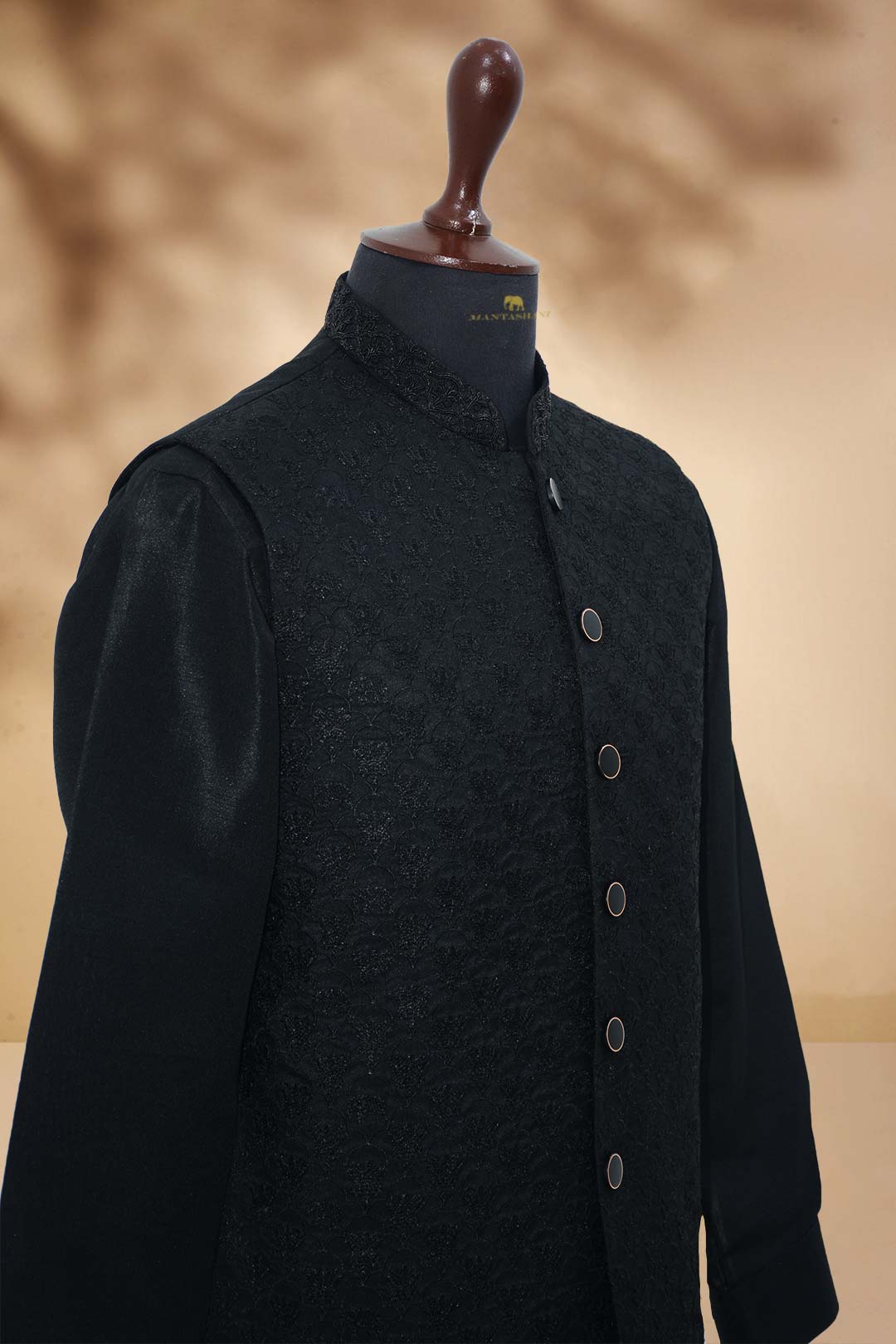 Black Jacquard Embroidered Awami Waistcoat (3-Piece) - Image 11