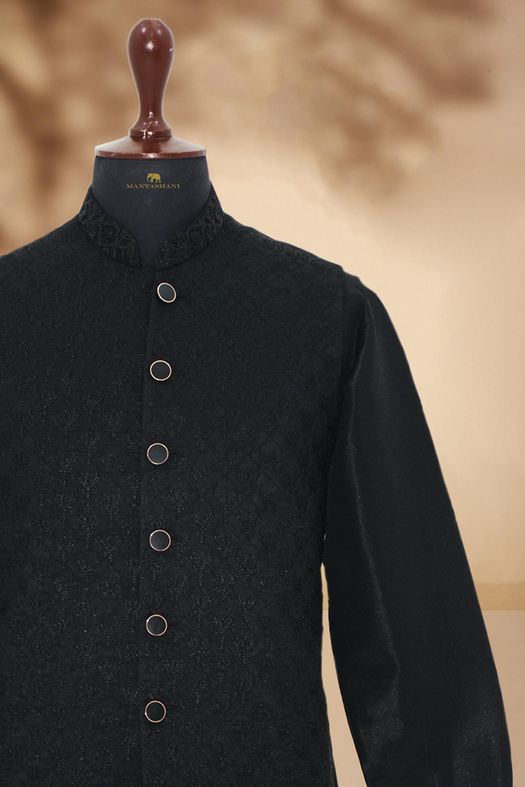 Black Jacquard Embroidered Awami Waistcoat (3-Piece) - Image 12