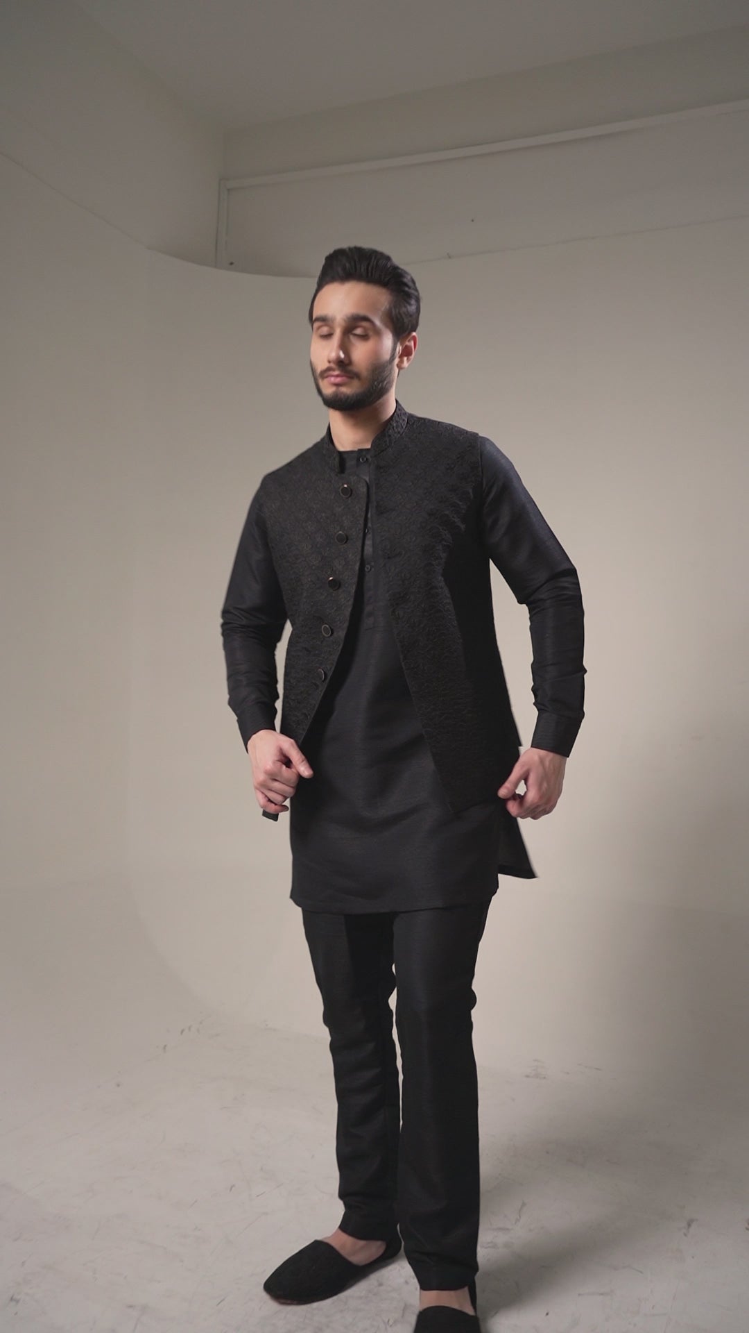 Black Jacquard Embroidered Awami Waistcoat (3-Piece) - Image 15