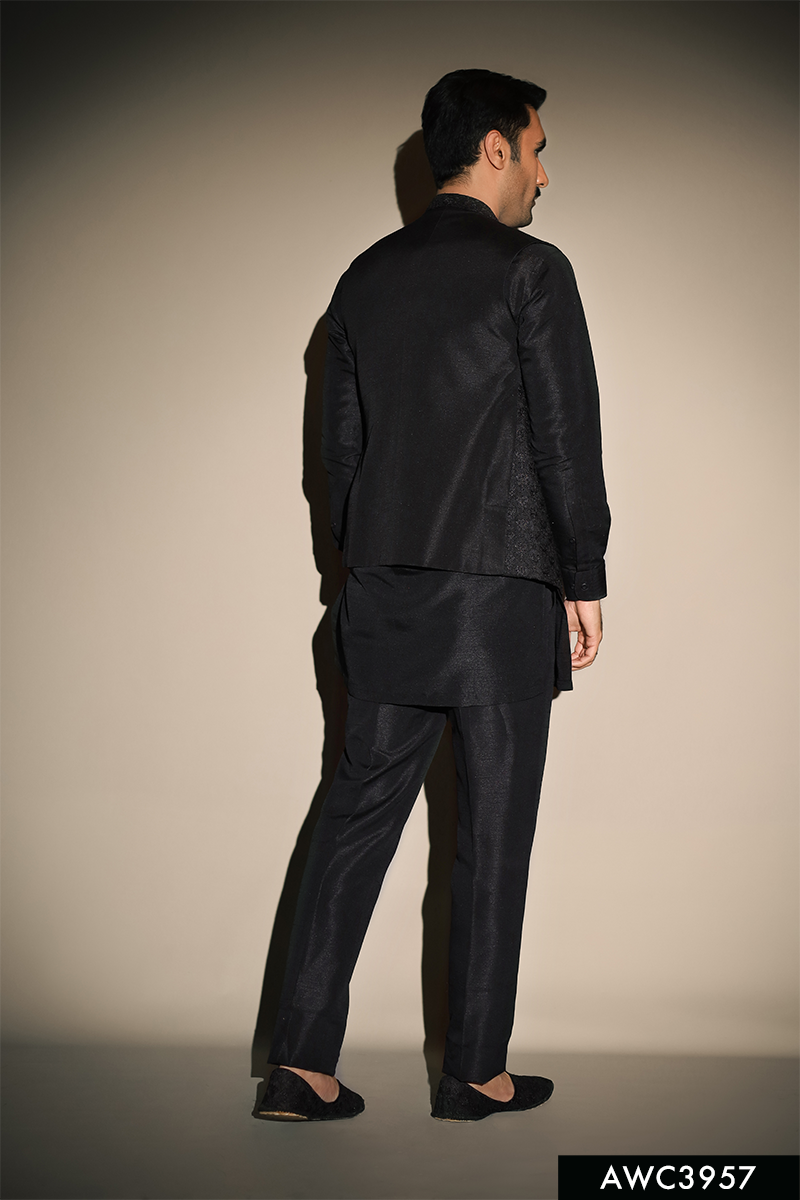 Black Jacquard Embroidered Awami Waistcoat (3-Piece) - Image 3