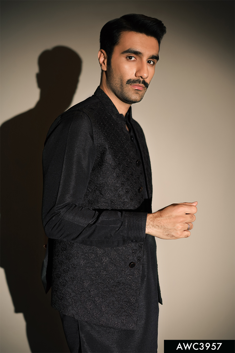 Black Jacquard Embroidered Awami Waistcoat (3-Piece) - Image 4