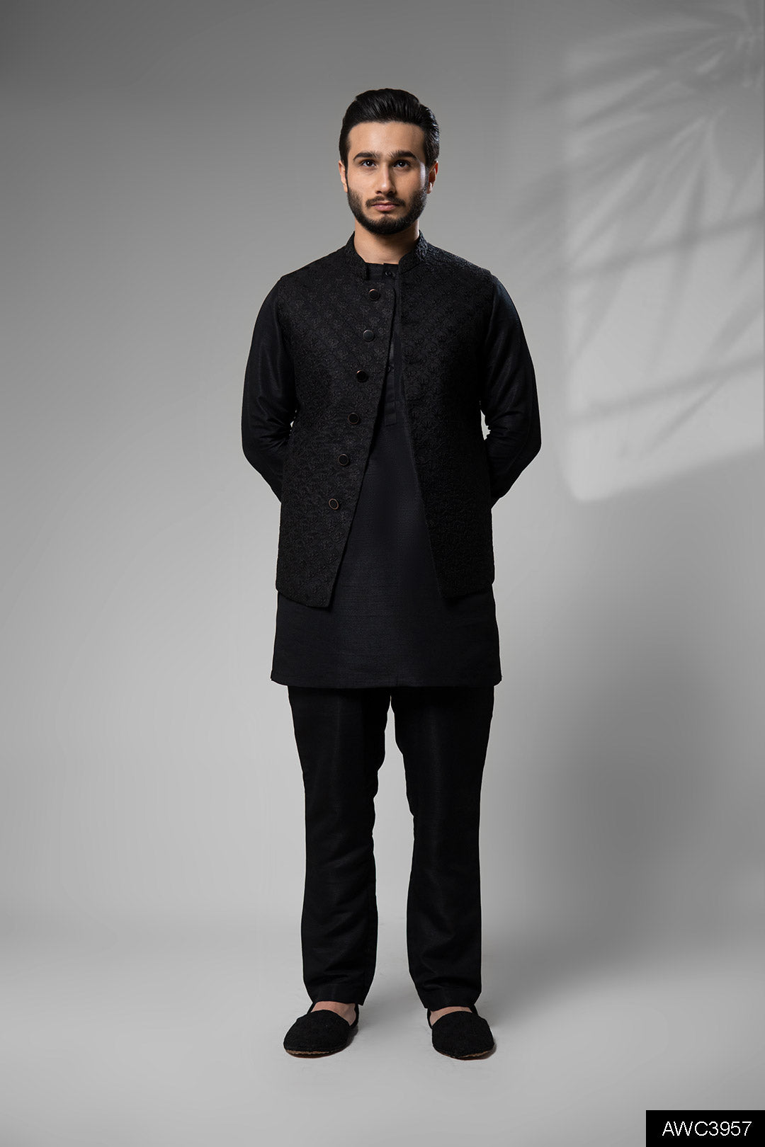 Black Jacquard Embroidered Awami Waistcoat (3-Piece) - Image 5