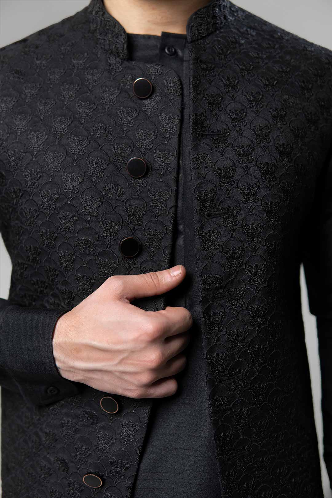 Black Jacquard Embroidered Awami Waistcoat (3-Piece) - Image 6