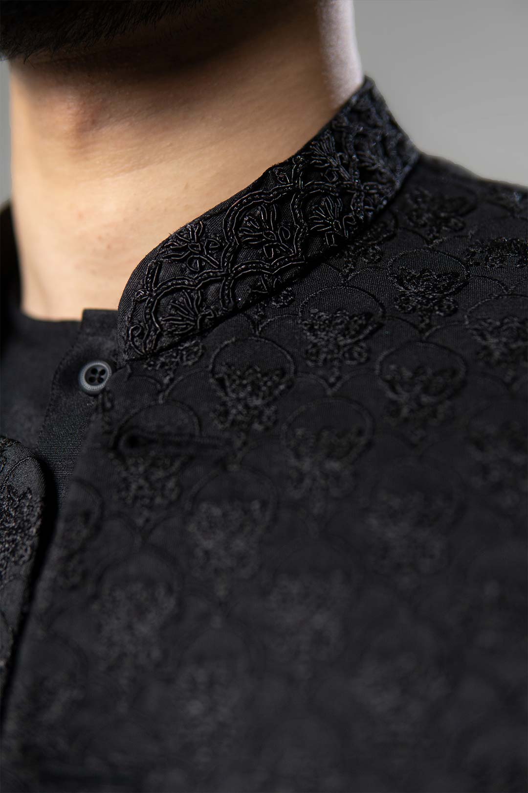 Black Jacquard Embroidered Awami Waistcoat (3-Piece) - Image 8