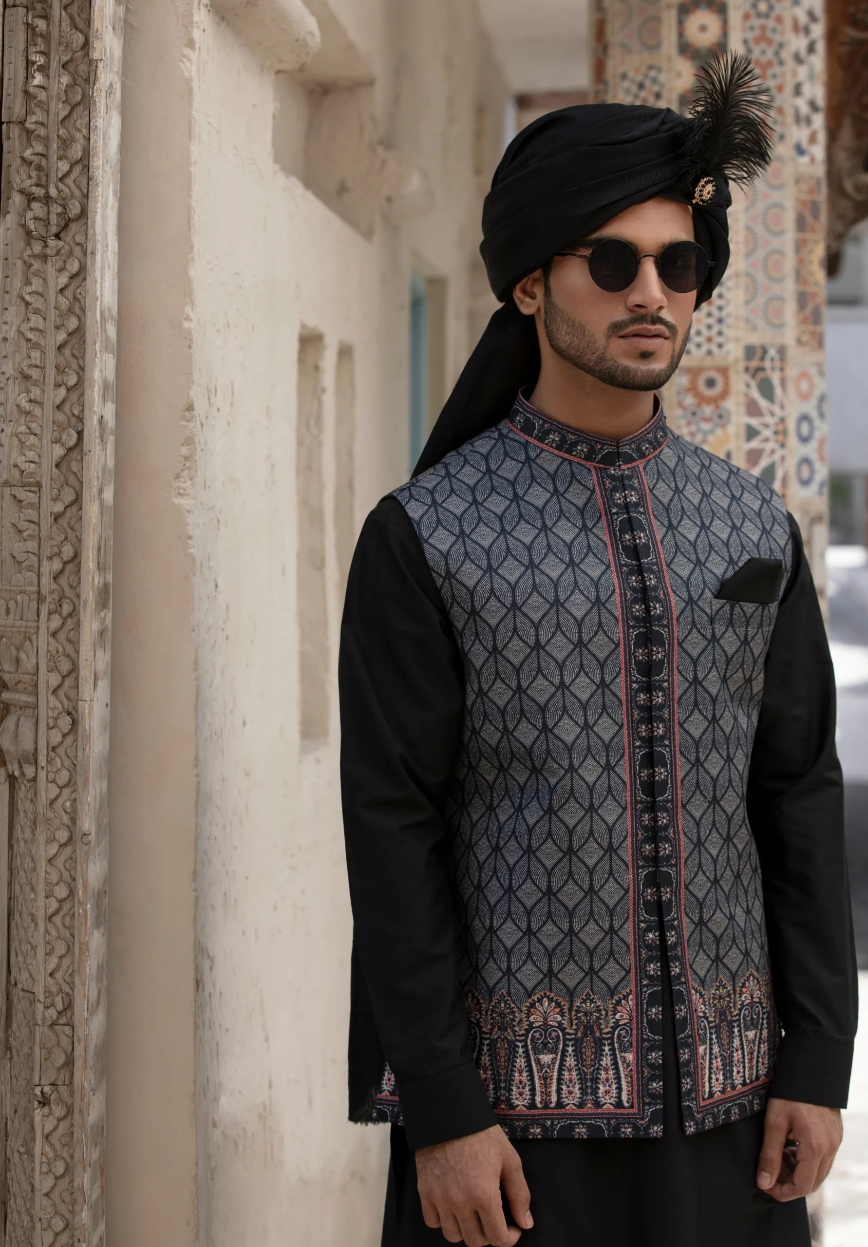 Bluish-Black Crystal Glass Embroidered Waistcoat Kurta (3-Piece) - Image 1