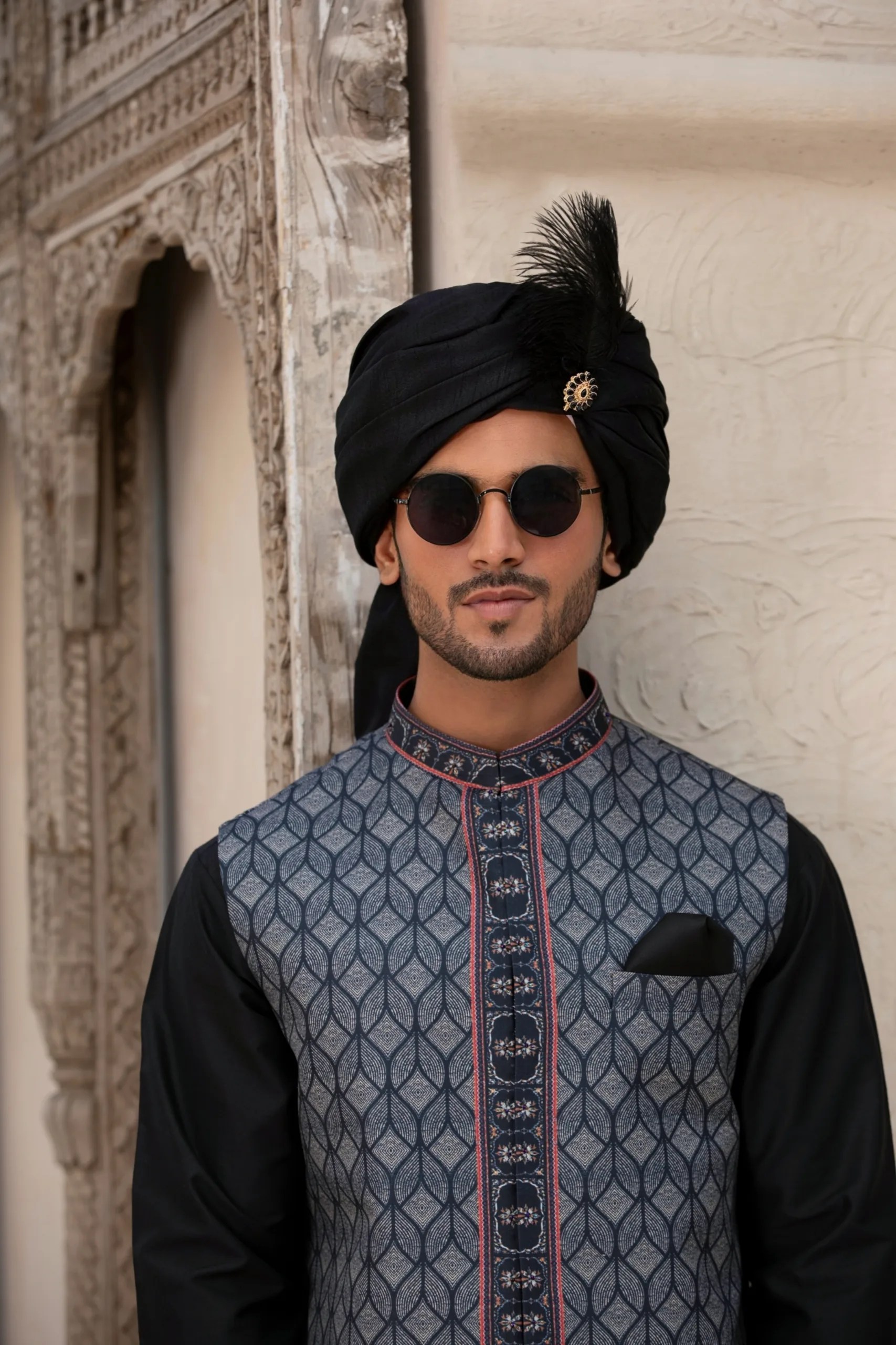 Bluish-Black Crystal Glass Embroidered Waistcoat Kurta (3-Piece) - Image 2