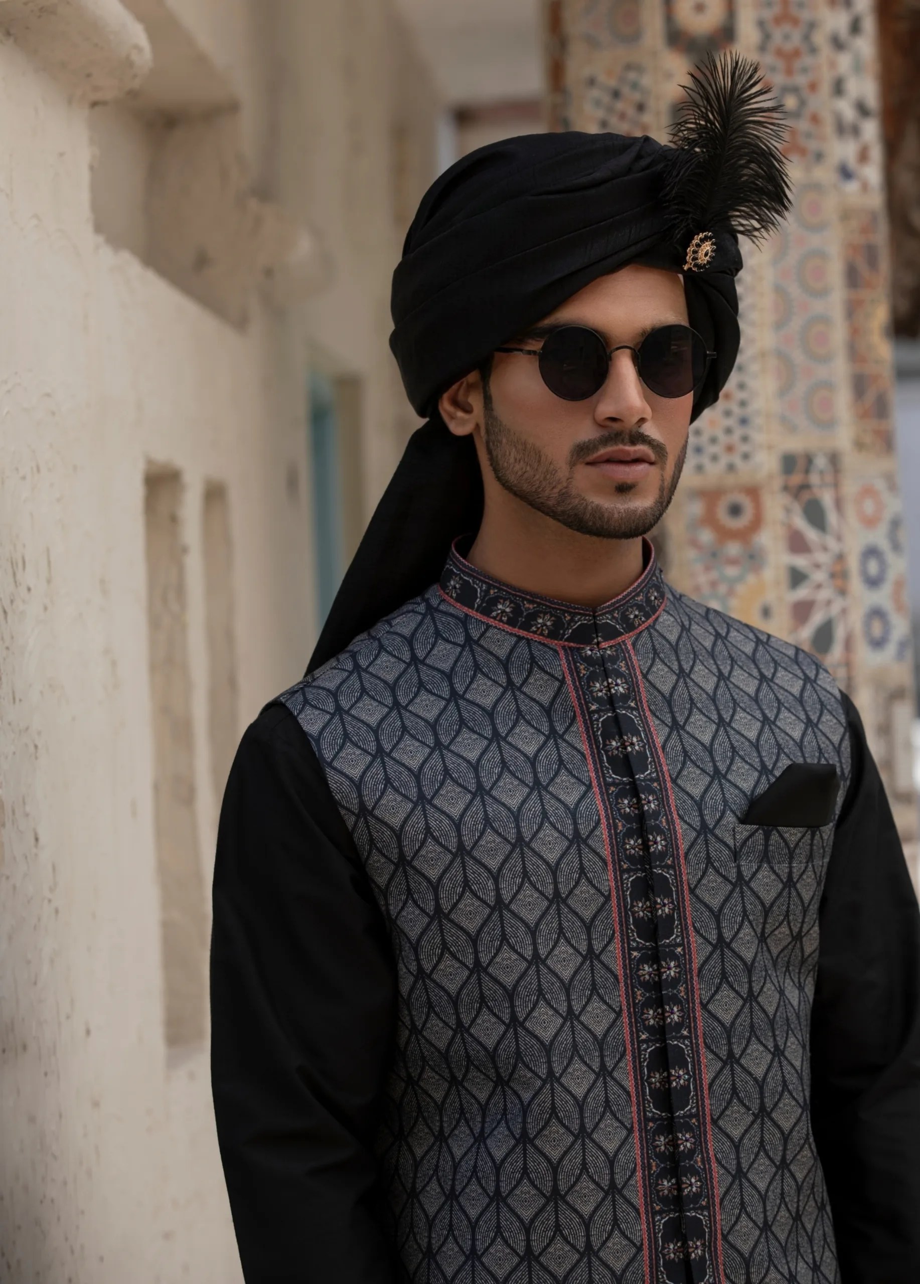 Bluish-Black Crystal Glass Embroidered Waistcoat Kurta (3-Piece) - Image 4