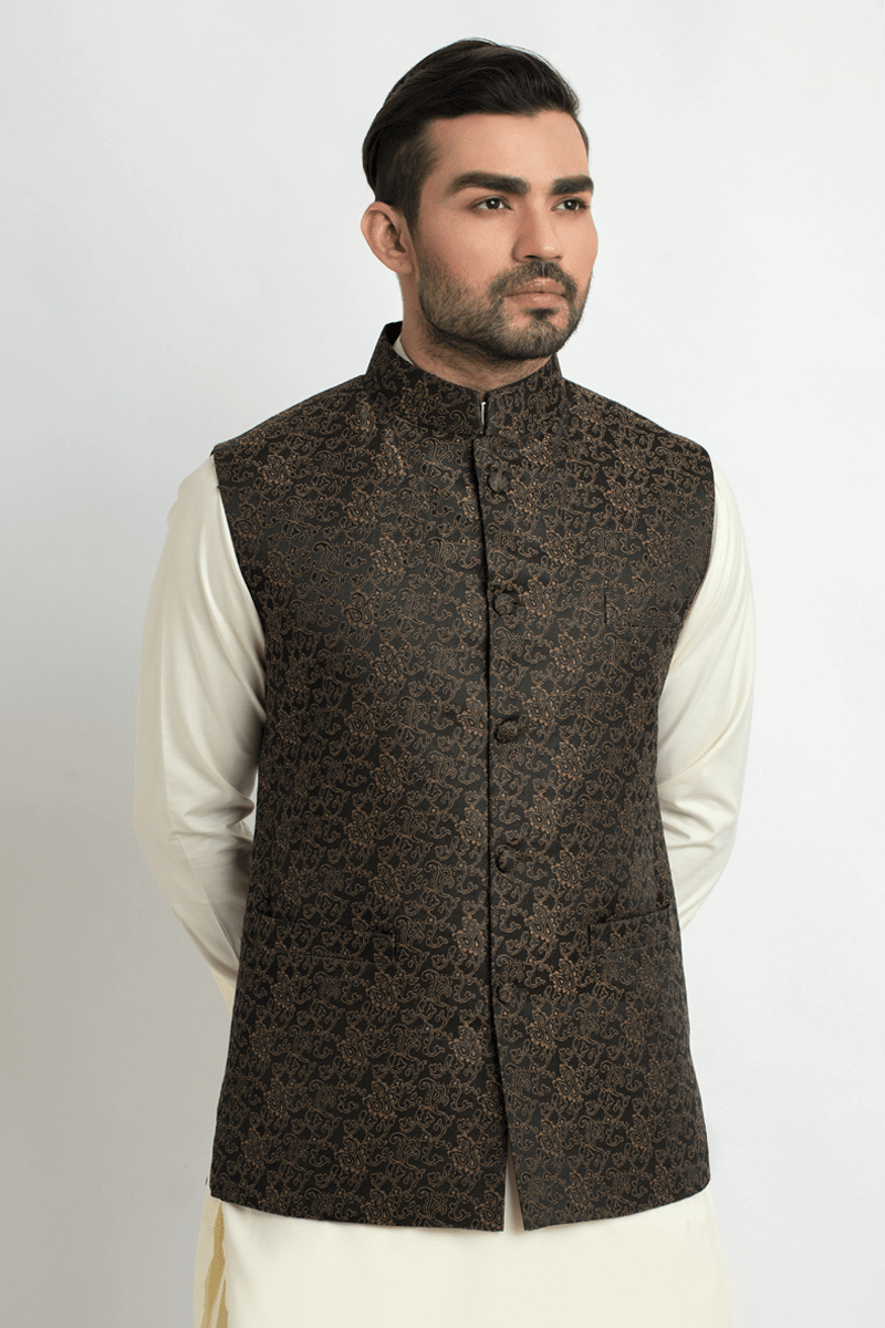 Black Antique Gold Silk Jamavar Waistcoat (3-Piece) - Image 1
