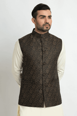 Black Antique Gold Silk Jamavar Waistcoat (3-Piece) - Image 2