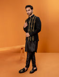Black Adda Work Silk Waistcoat Kurta Set (3-Piece) - Image 2