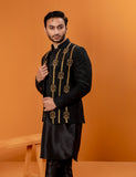 Black Adda Work Silk Waistcoat Kurta Set (3-Piece) - Image 3
