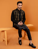 Black Adda Work Silk Waistcoat Kurta Set (3-Piece) - Image 4