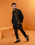 Black Adda Work Silk Waistcoat Kurta Set (3-Piece) - Image 5