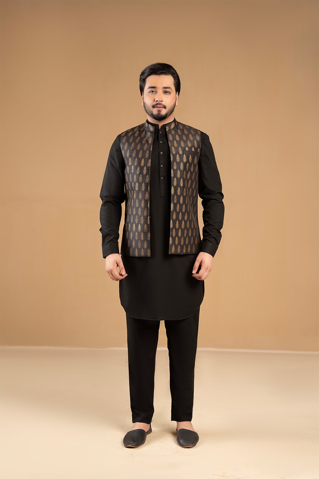Black Gold Embroidered Silk Waistcoat Kurta (3-Piece) - Image 1
