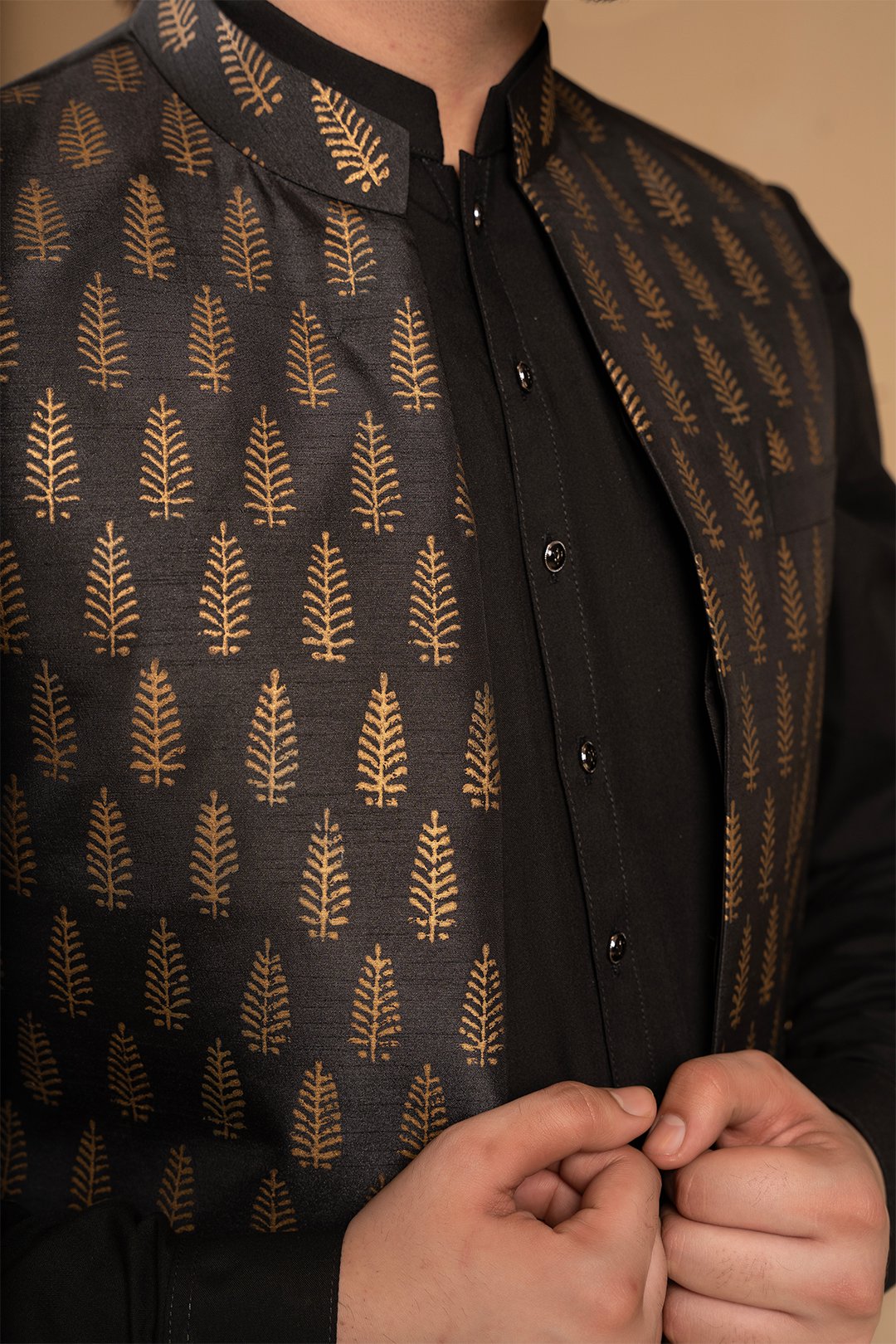 Black Gold Embroidered Silk Waistcoat Kurta (3-Piece) - Image 2