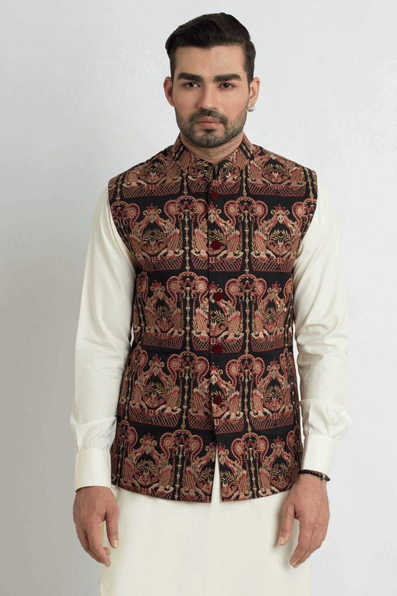 Black Thread-Embroidered Silk Waistcoat (3-Piece) - Image 1