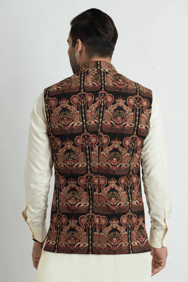 Black Thread-Embroidered Silk Waistcoat (3-Piece) - Image 2