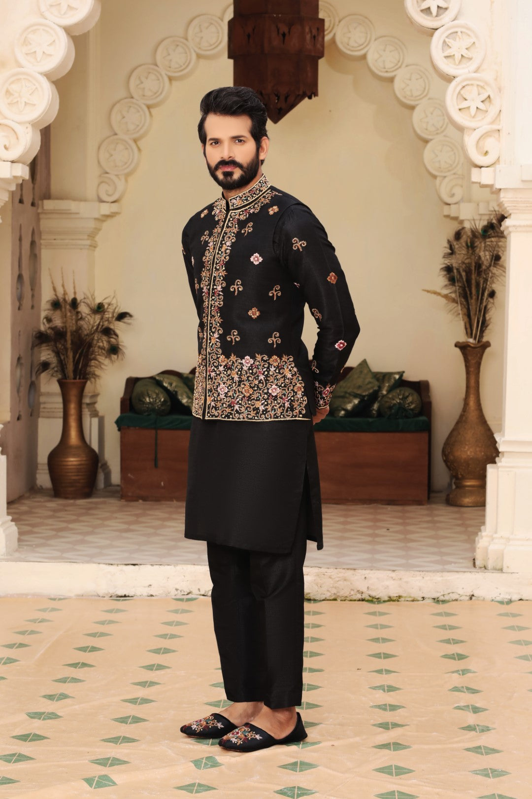 Black Embroidered Silk Waistcoat Kurta (3-Piece) - Image 1