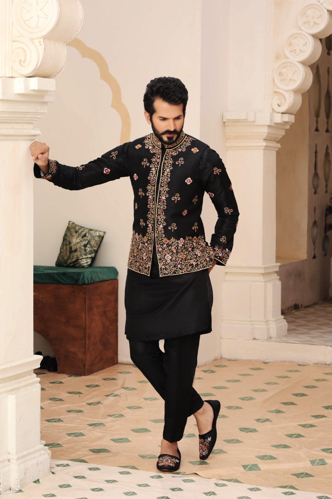 Black Embroidered Silk Waistcoat Kurta (3-Piece) - Image 2